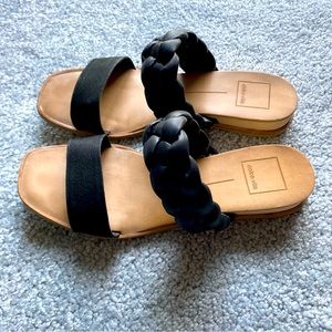 Dolce Vita Sandals in Cafe Stella Tan Braided C2 Black Leather 6.5 Low Heels $75
